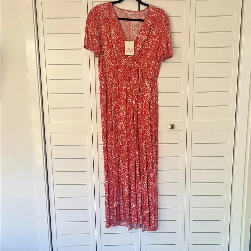 NWT Knox Rose Boho Pink Red Floral Maxi Smock Waist Dress with Cream Print Sz M - Picture 3 of 11